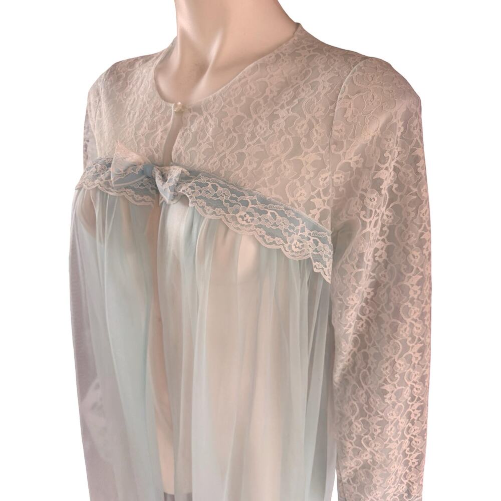 Vintage Miss Elaine 1960s Baby Blue Chiffon Peignoir Robe Lace Sleeves Medium - Picture 5 of 12